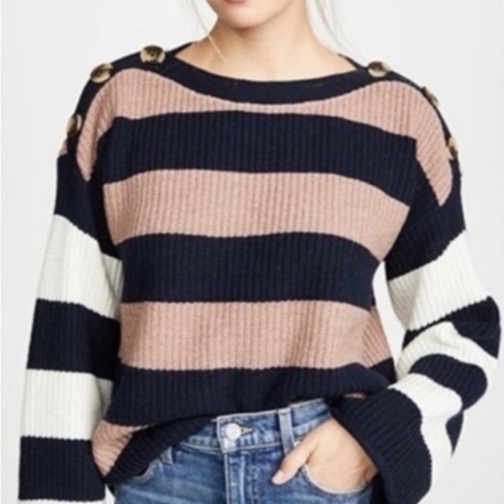 Madewell Navy and Tan Striped Sweater with Button Details